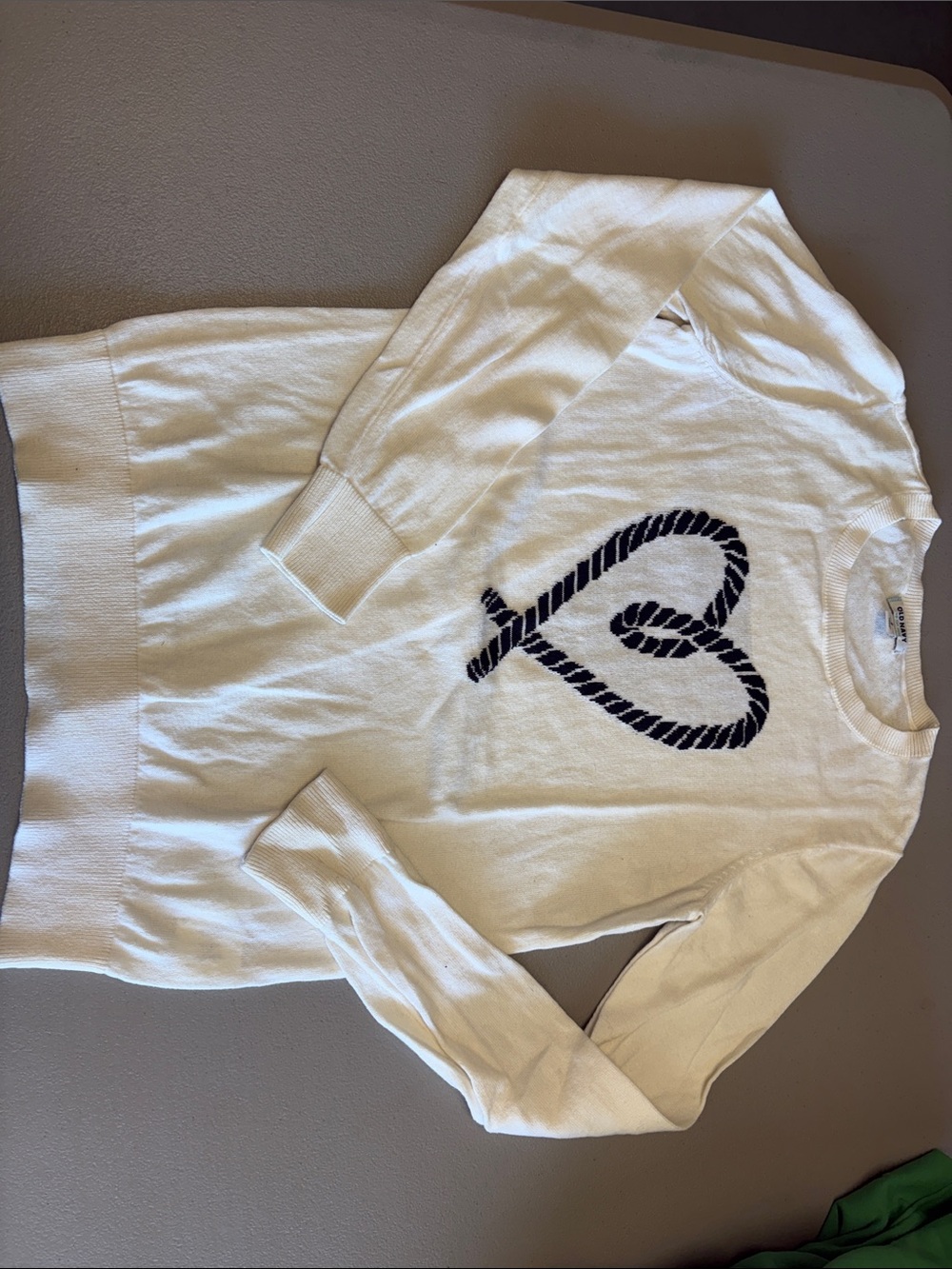 Old Navy Cream Crewneck Sweater with Navy Rope Heart